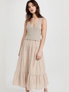 En Saison Alwin V-neck mixed-media midi dress Tan Size Medium